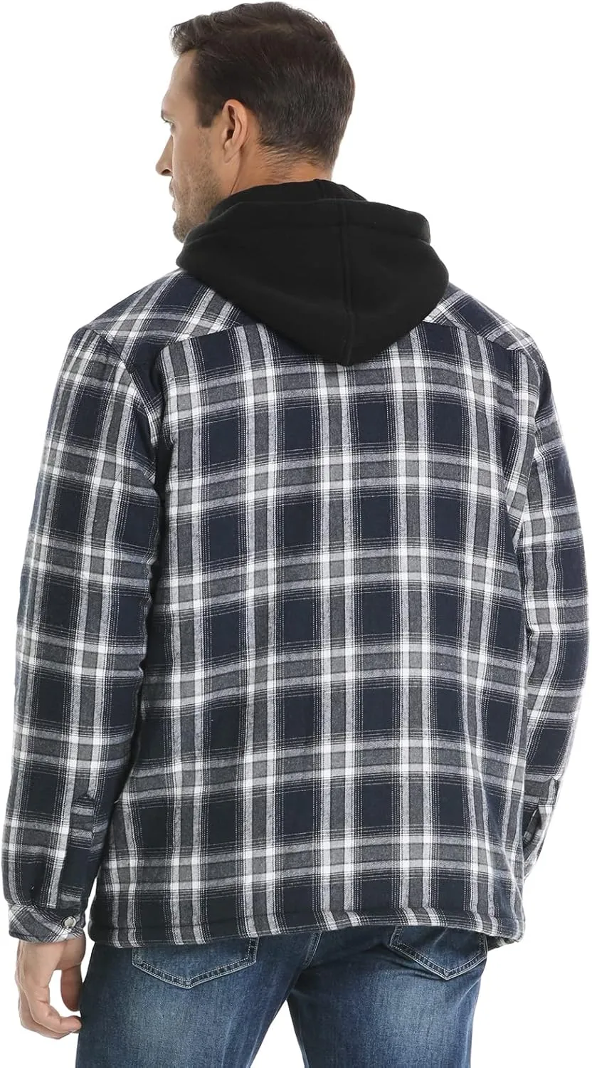 CHEXPEL Flannel Jackets for Men Long Sleeve Plaid Shirt Jacket Quilt Lined Hooded with Button Down Winter Coat