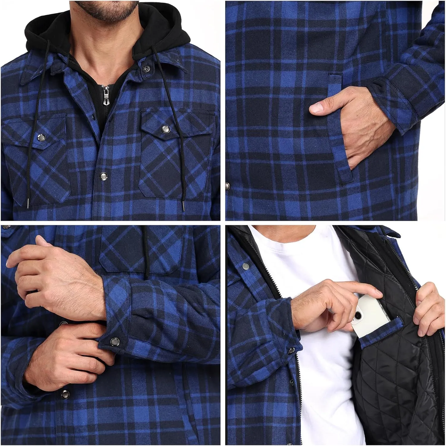 CHEXPEL Flannel Jackets for Men Long Sleeve Plaid Shirt Jacket Quilt Lined Hooded with Button Down Winter Coat