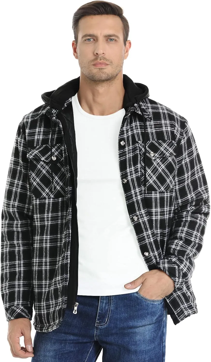 CHEXPEL Flannel Jackets for Men Long Sleeve Plaid Shirt Jacket Quilt Lined Hooded with Button Down Winter Coat