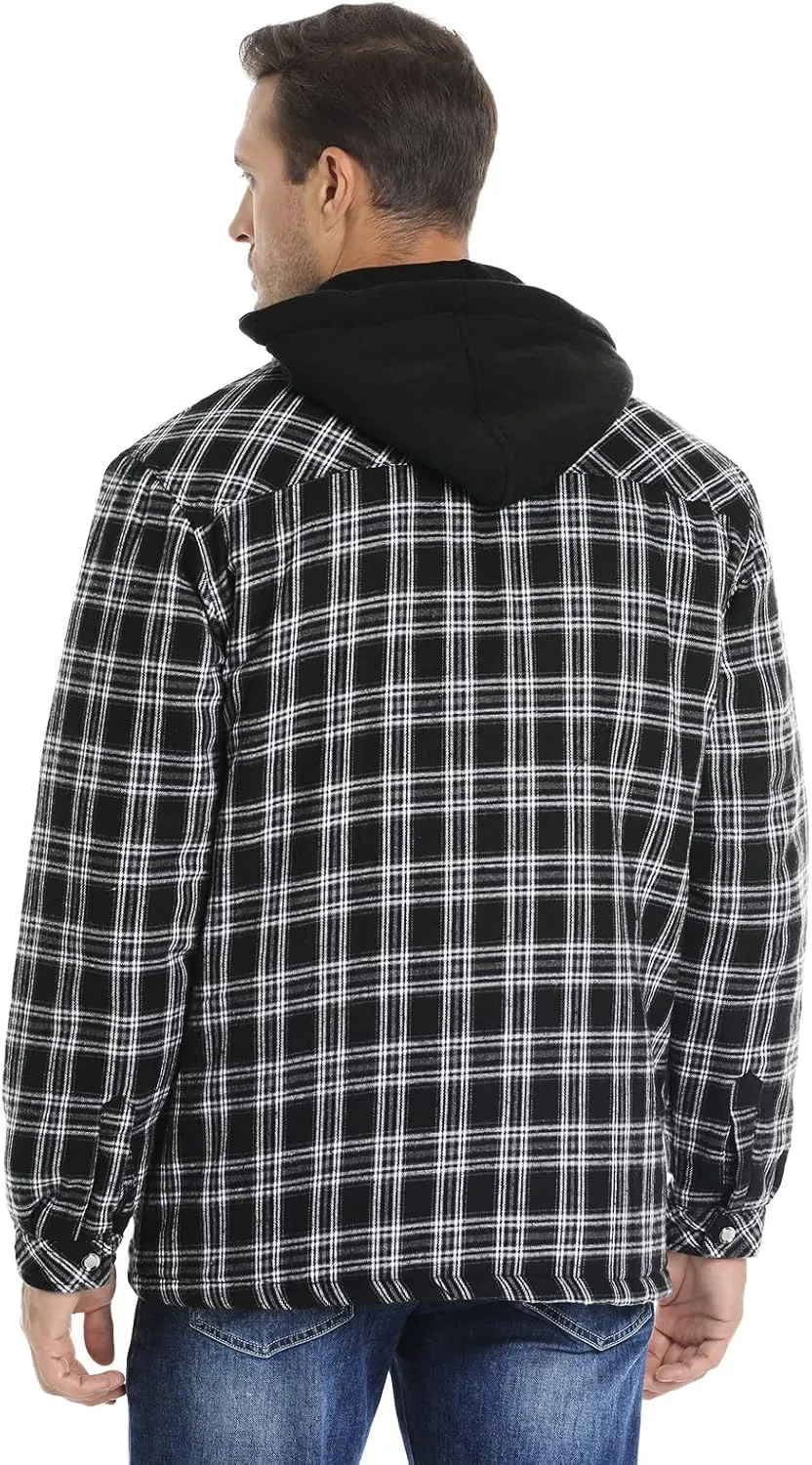 CHEXPEL Flannel Jackets for Men Long Sleeve Plaid Shirt Jacket Quilt Lined Hooded with Button Down Winter Coat