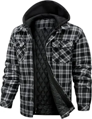 CHEXPEL Flannel Jackets for Men Long Sleeve Plaid Shirt Jacket Quilt Lined Hooded with Button Down Winter Coat