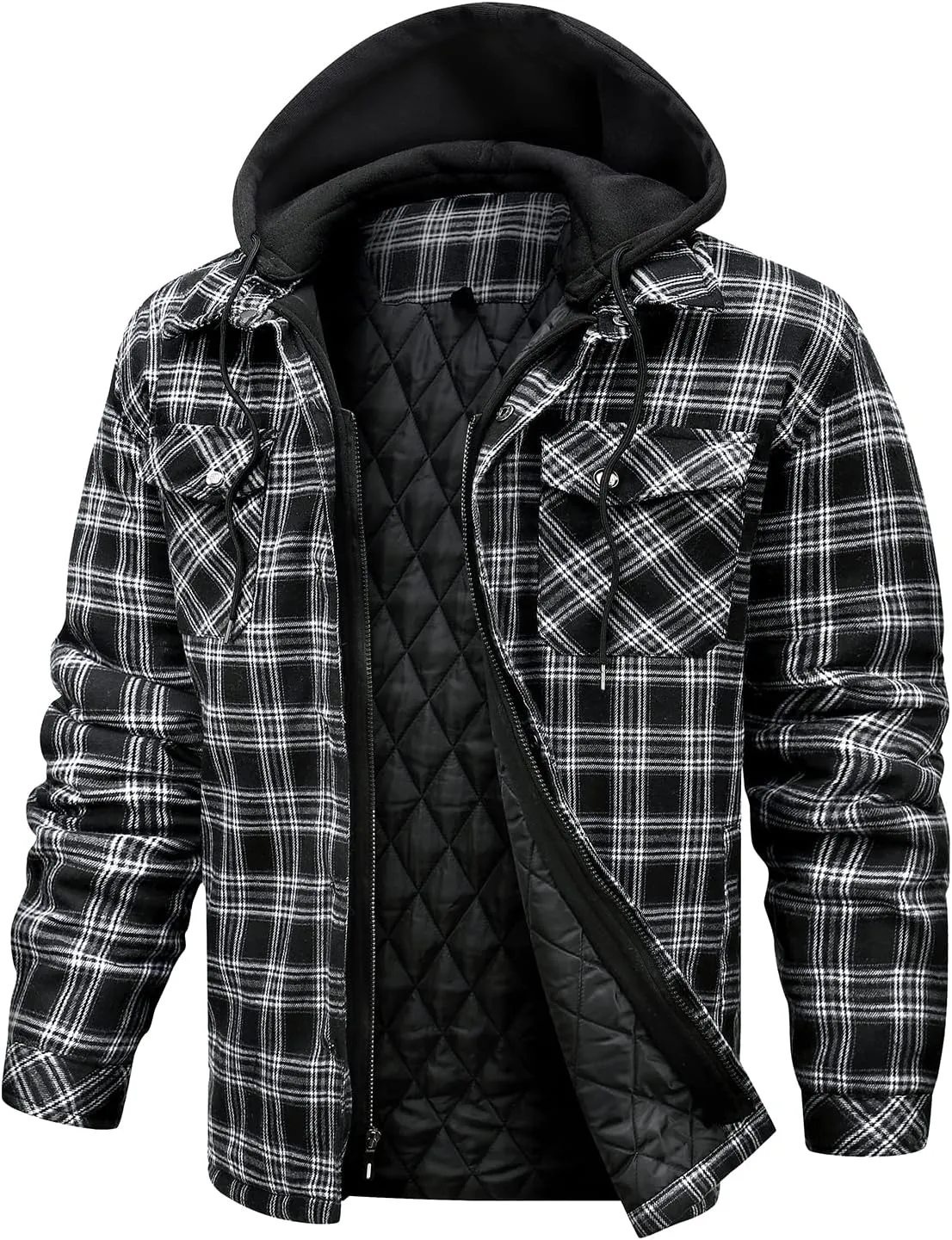 CHEXPEL Flannel Jackets for Men Long Sleeve Plaid Shirt Jacket Quilt Lined Hooded with Button Down Winter Coat