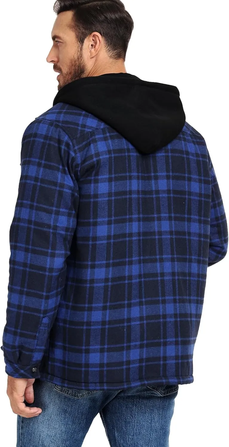 CHEXPEL Flannel Jackets for Men Long Sleeve Plaid Shirt Jacket Quilt Lined Hooded with Button Down Winter Coat