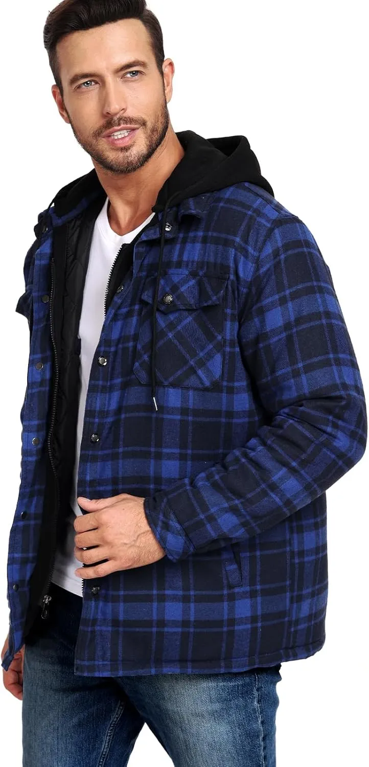 CHEXPEL Flannel Jackets for Men Long Sleeve Plaid Shirt Jacket Quilt Lined Hooded with Button Down Winter Coat