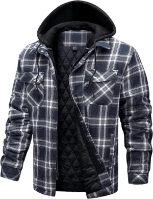 CHEXPEL Flannel Jackets for Men Long Sleeve Plaid Shirt Jacket Quilt Lined Hooded with Button Down Winter Coat