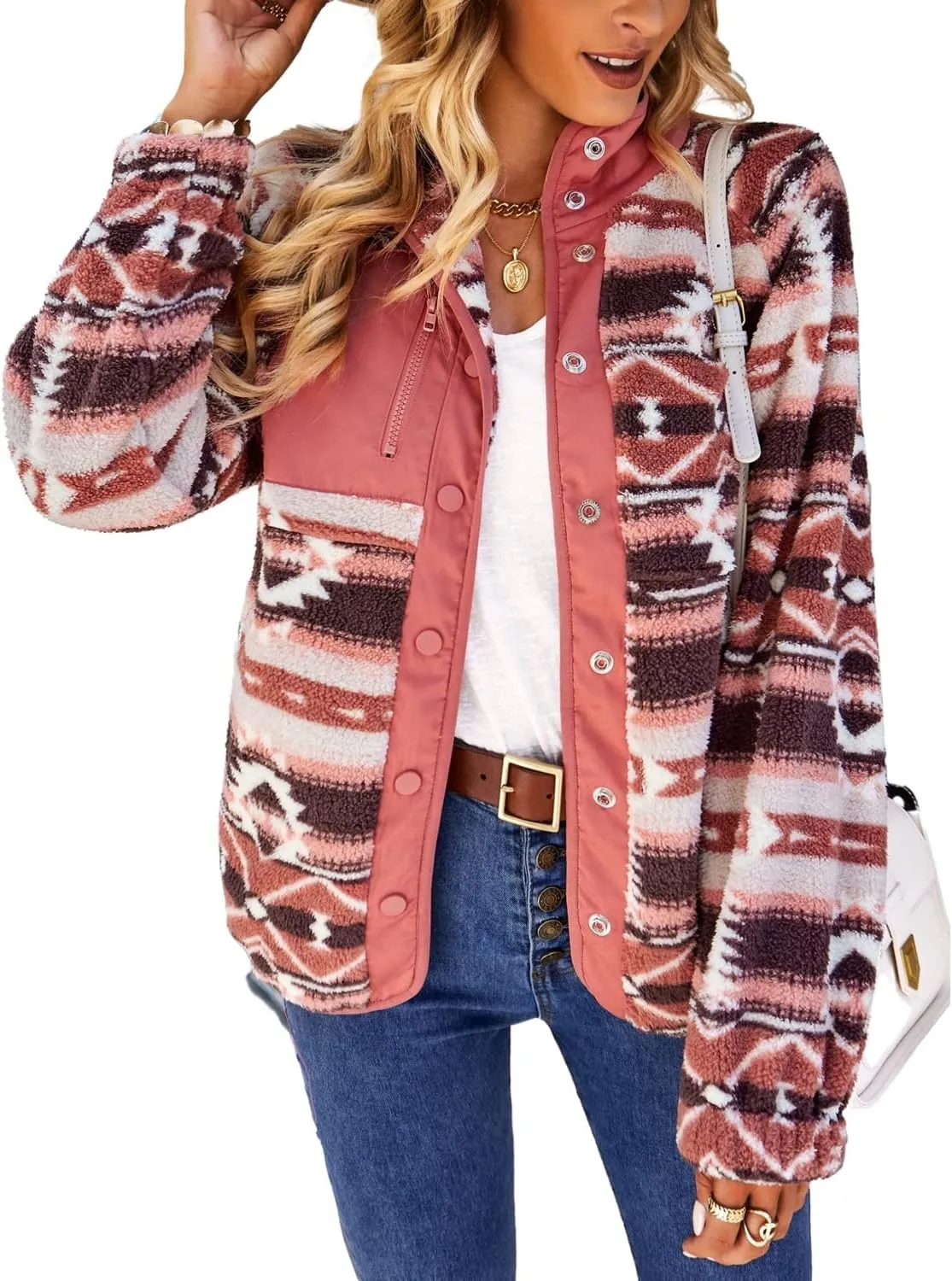 chouyatou Women's Fleece Jacket Tribal Aztec Print Long Sleeve Button Down Shacket Jacket Coats