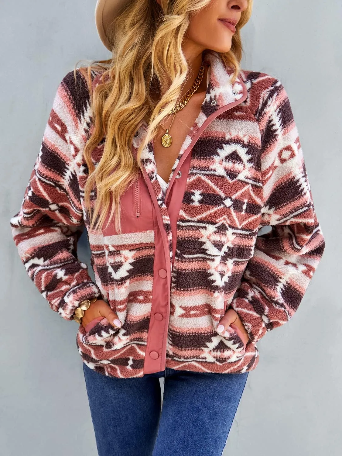 chouyatou Women's Fleece Jacket Tribal Aztec Print Long Sleeve Button Down Shacket Jacket Coats