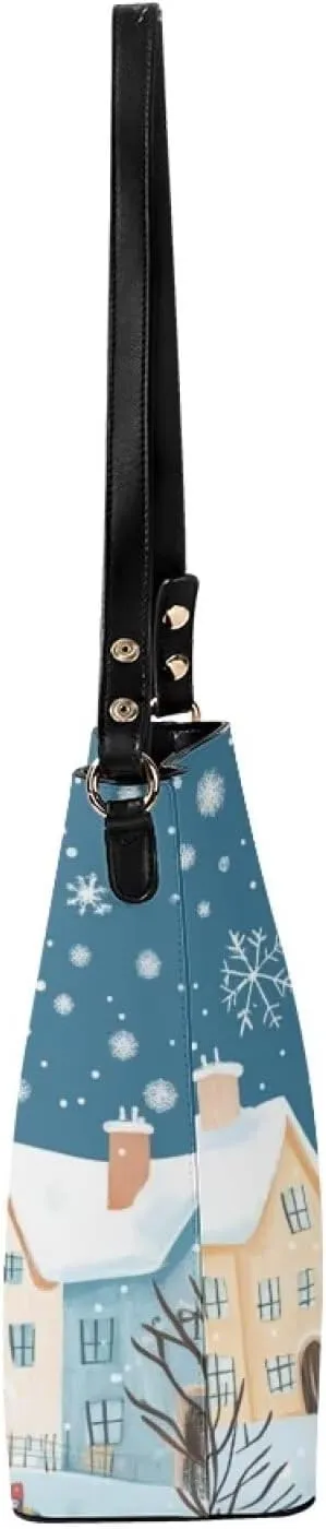 Christmas Bucket Handbag for Womens Leather Shoulder Purse with Zipper Pocket and Adjustable Strap