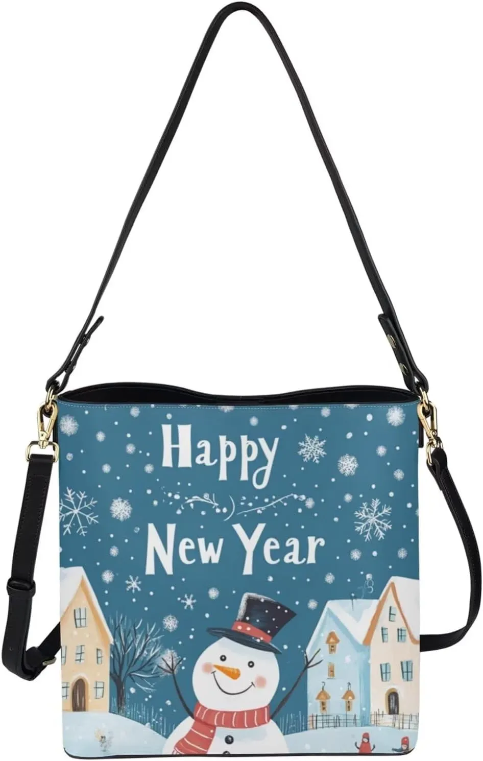 Christmas Bucket Handbag for Womens Leather Shoulder Purse with Zipper Pocket and Adjustable Strap