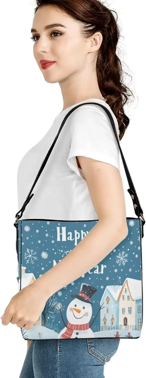 Christmas Bucket Handbag for Womens Leather Shoulder Purse with Zipper Pocket and Adjustable Strap