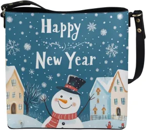 Christmas Bucket Handbag for Womens Leather Shoulder Purse with Zipper Pocket and Adjustable Strap