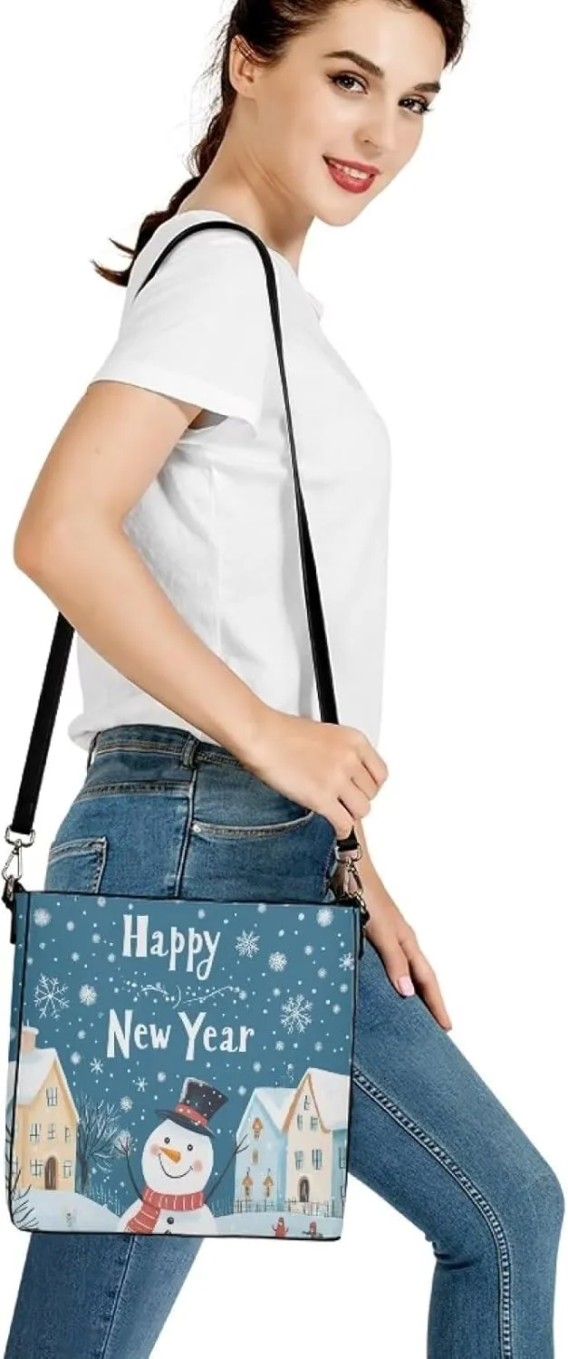 Christmas Bucket Handbag for Womens Leather Shoulder Purse with Zipper Pocket and Adjustable Strap