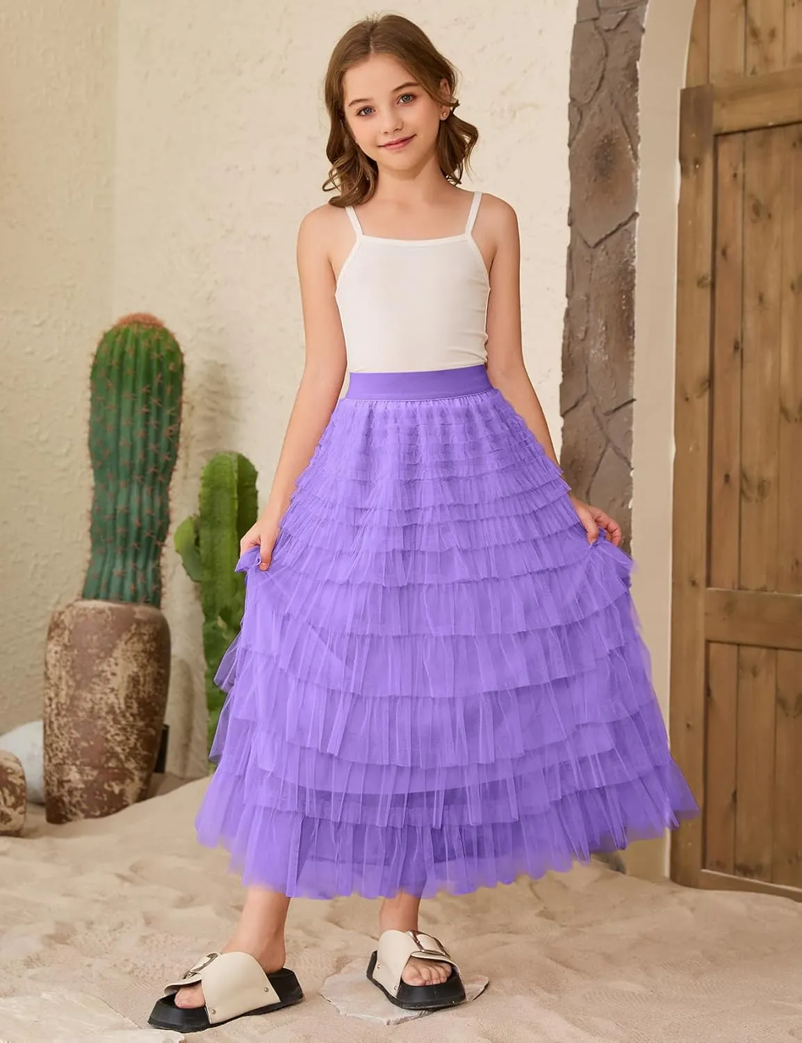 COZYPOIN Girls Tulle Skirts Elastic High Waisted A Line Layered Ruffles Mesh Long Tiered Tutu Skirt Party Outfit 5-14T