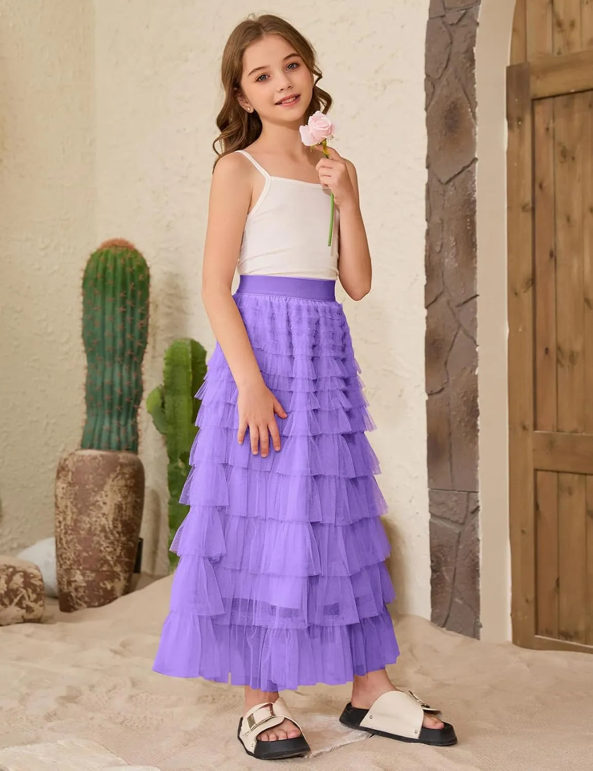 COZYPOIN Girls Tulle Skirts Elastic High Waisted A Line Layered Ruffles Mesh Long Tiered Tutu Skirt Party Outfit 5-14T