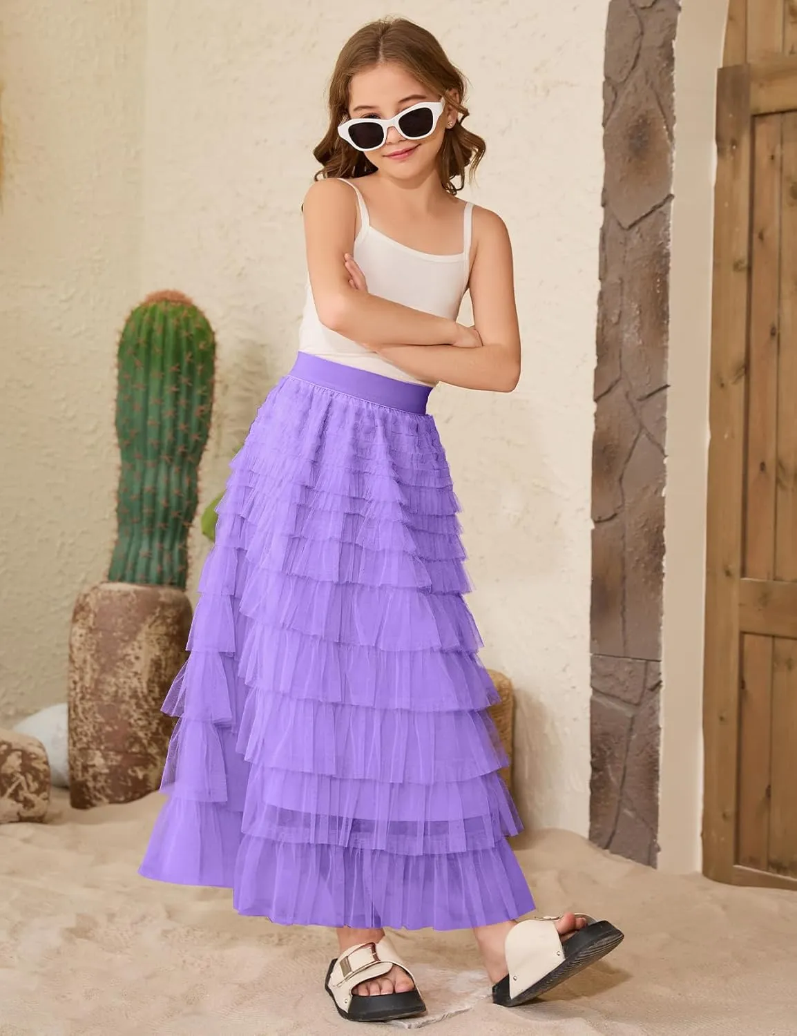 COZYPOIN Girls Tulle Skirts Elastic High Waisted A Line Layered Ruffles Mesh Long Tiered Tutu Skirt Party Outfit 5-14T