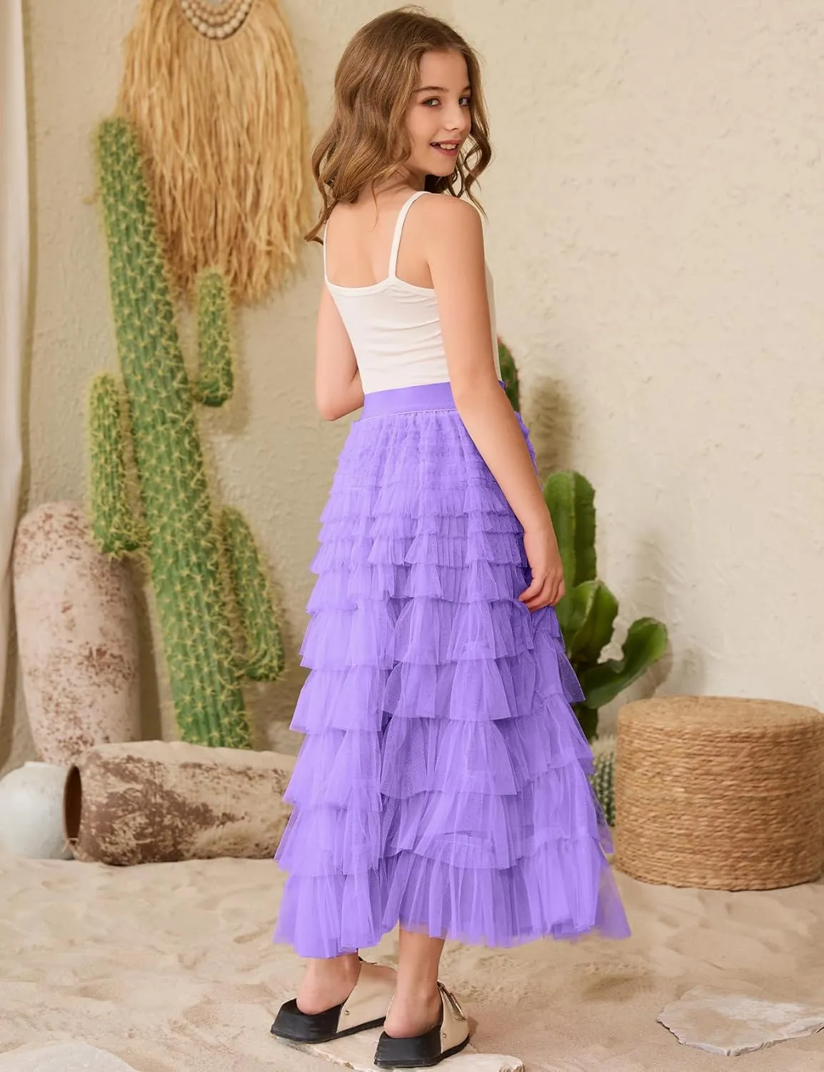 COZYPOIN Girls Tulle Skirts Elastic High Waisted A Line Layered Ruffles Mesh Long Tiered Tutu Skirt Party Outfit 5-14T