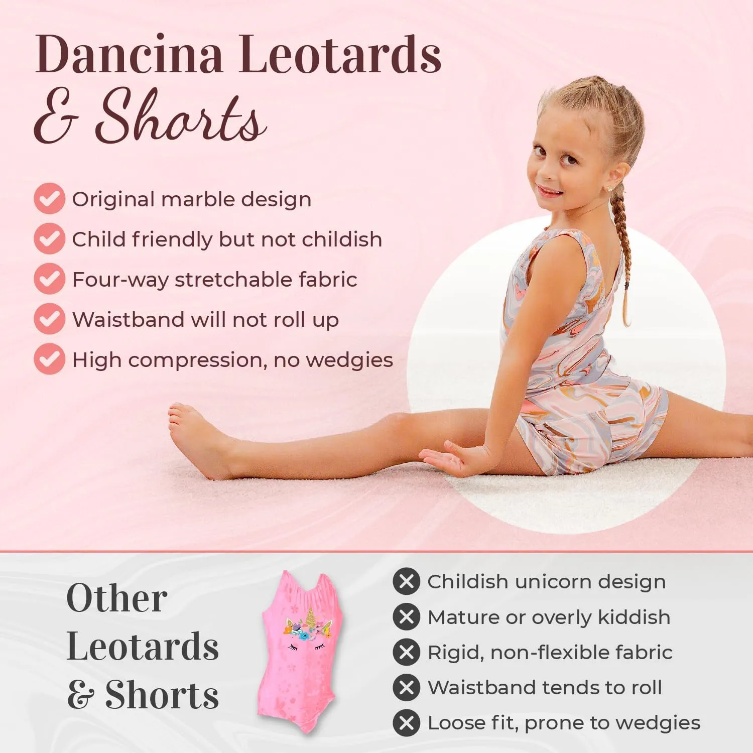 Dancina Marble Line Gymnastics Leotards for Girls with Shorts for Ages 4-16