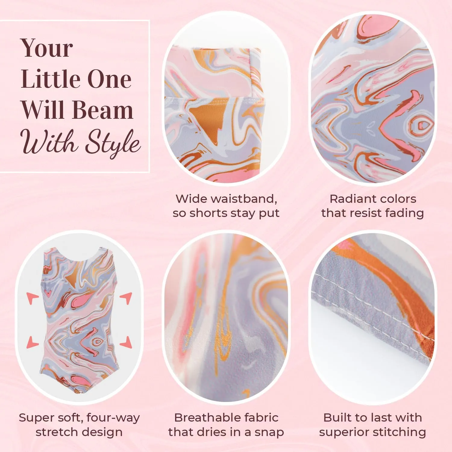Dancina Marble Line Gymnastics Leotards for Girls with Shorts for Ages 4-16
