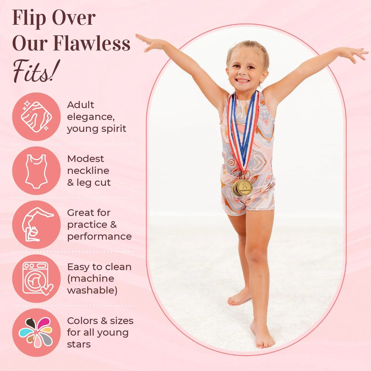 Dancina Marble Line Gymnastics Leotards for Girls with Shorts for Ages 4-16