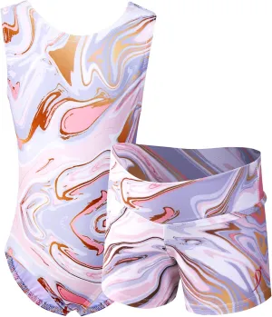 Dancina Marble Line Gymnastics Leotards for Girls with Shorts for Ages 4-16