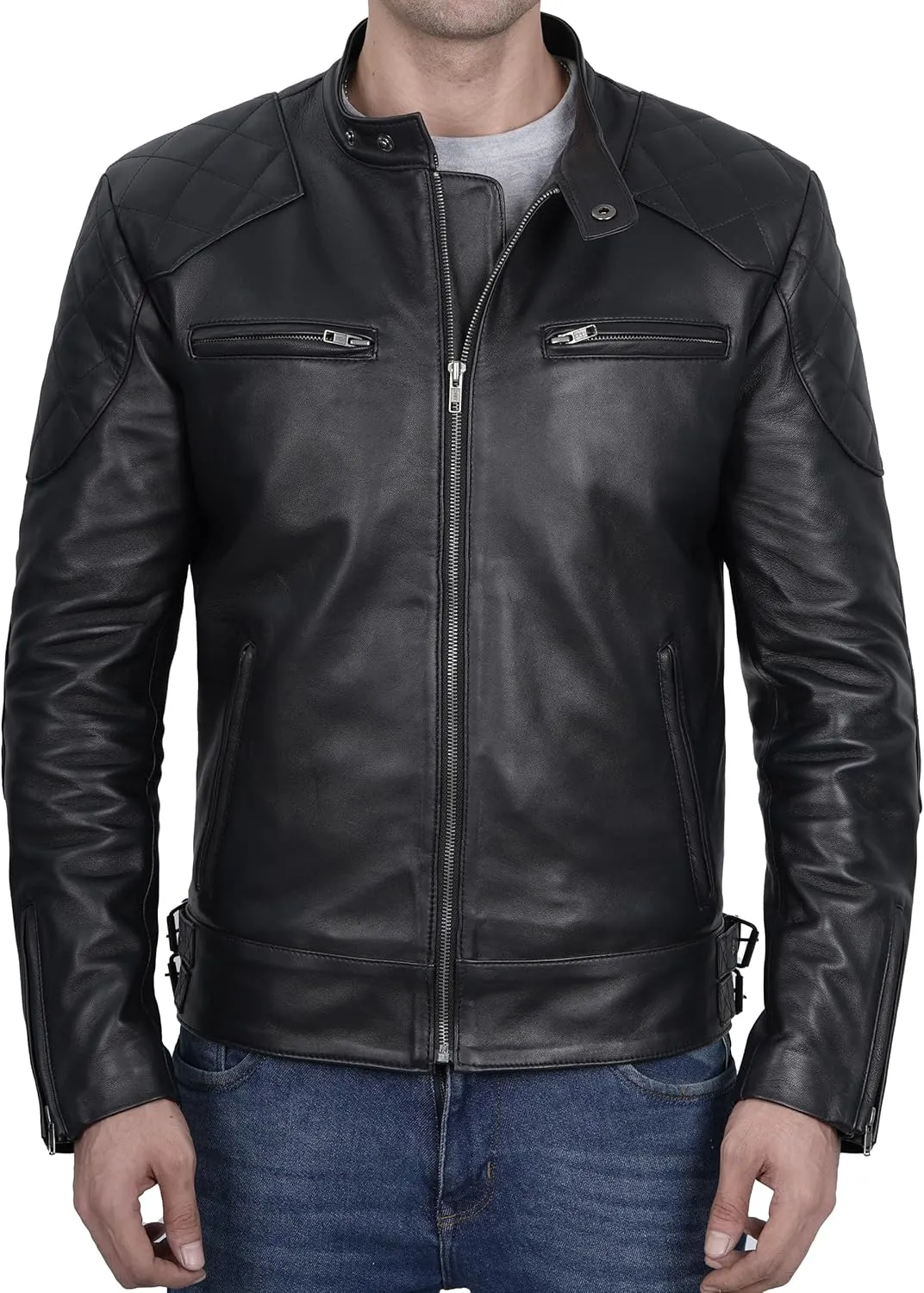 Decrum Leather Jacket Men - Real Lambskin Cafe Racer Style Casual Motorcycle Leather Jackets For Mens