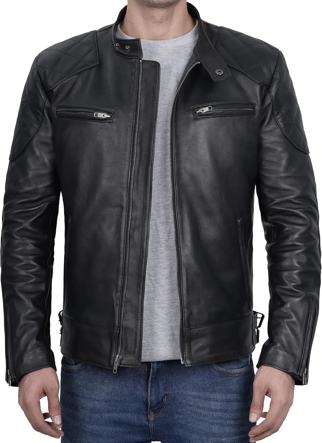 Decrum Leather Jacket Men - Real Lambskin Cafe Racer Style Casual Motorcycle Leather Jackets For Mens