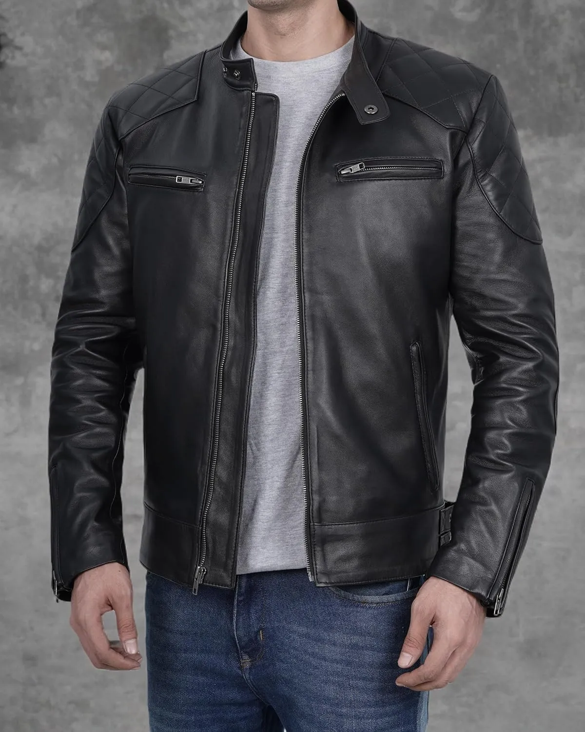 Decrum Leather Jacket Men - Real Lambskin Cafe Racer Style Casual Motorcycle Leather Jackets For Mens