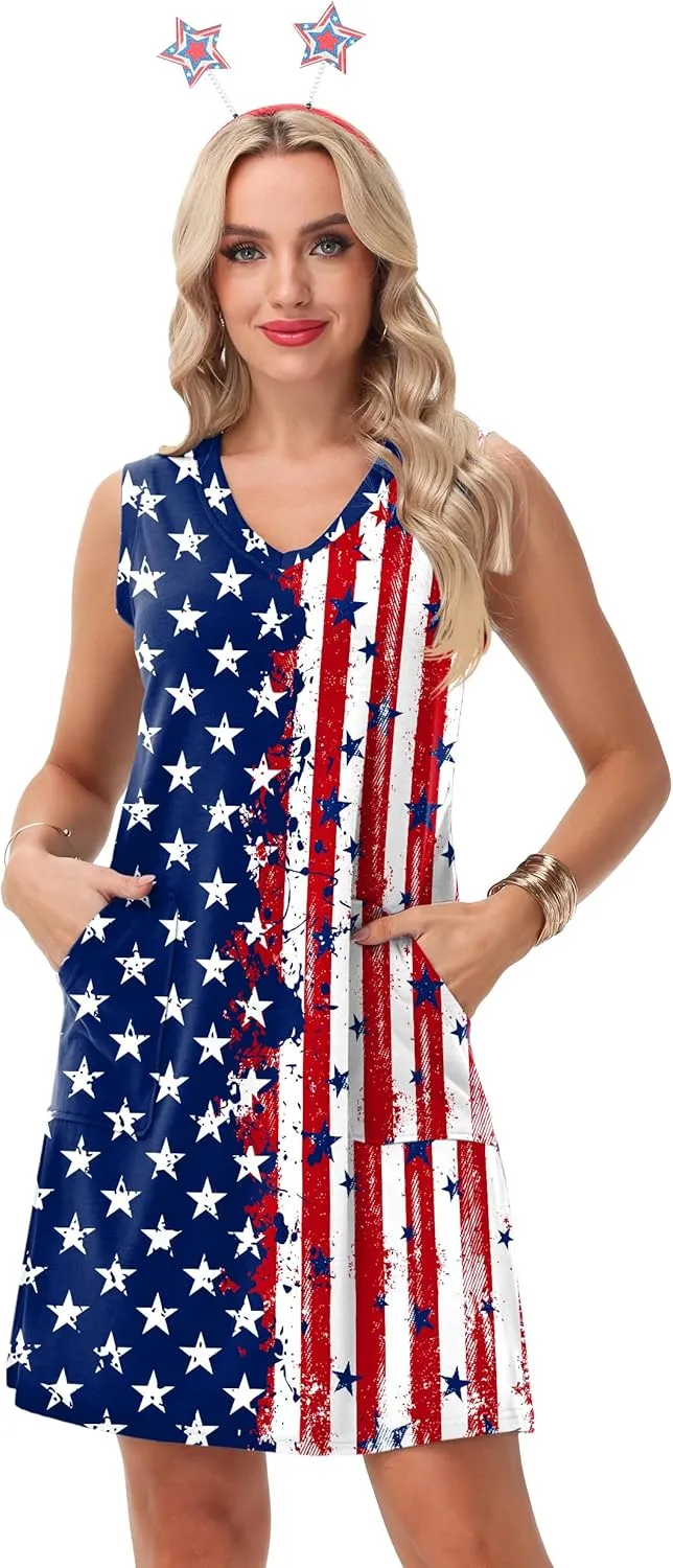 Deerose July 4th Sleeveless Dress American Flag Swim Cover Up Dress with Pockets