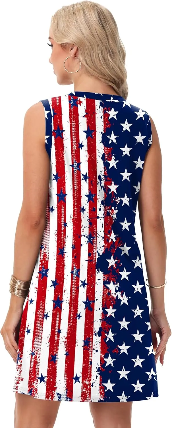 Deerose July 4th Sleeveless Dress American Flag Swim Cover Up Dress with Pockets
