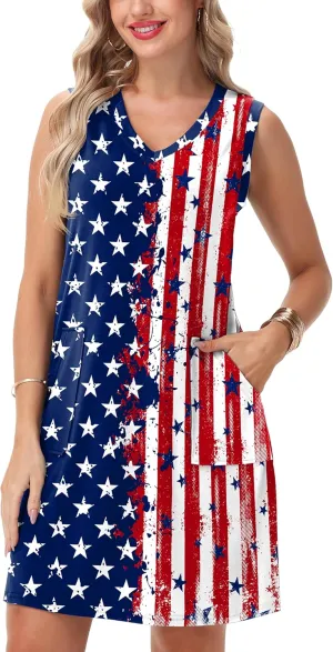 Deerose July 4th Sleeveless Dress American Flag Swim Cover Up Dress with Pockets