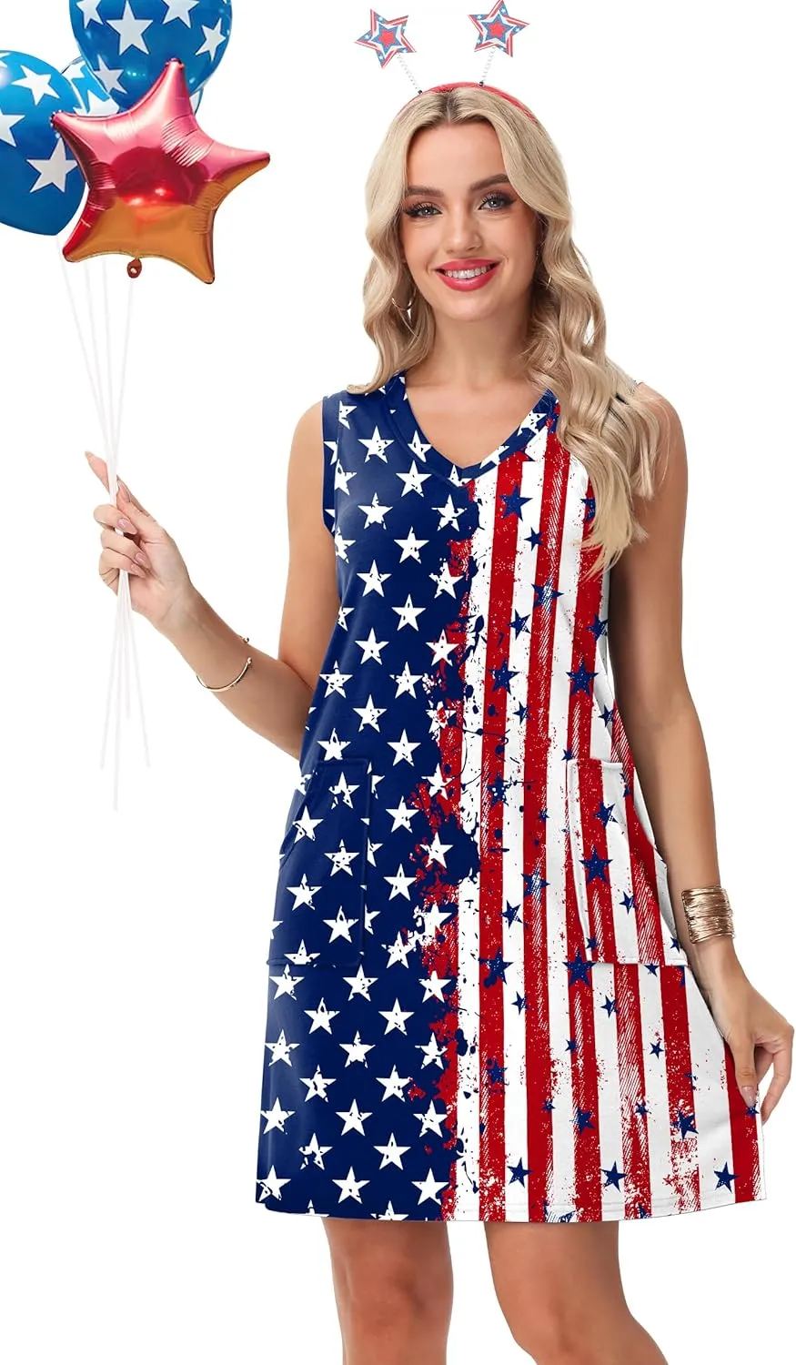 Deerose July 4th Sleeveless Dress American Flag Swim Cover Up Dress with Pockets