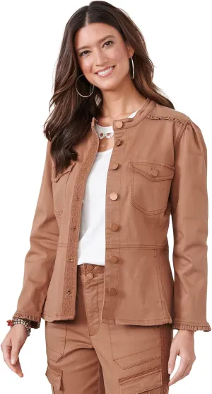 Democracy Women's Button Front Crochet Trim Jacket, Tobacco, Medium