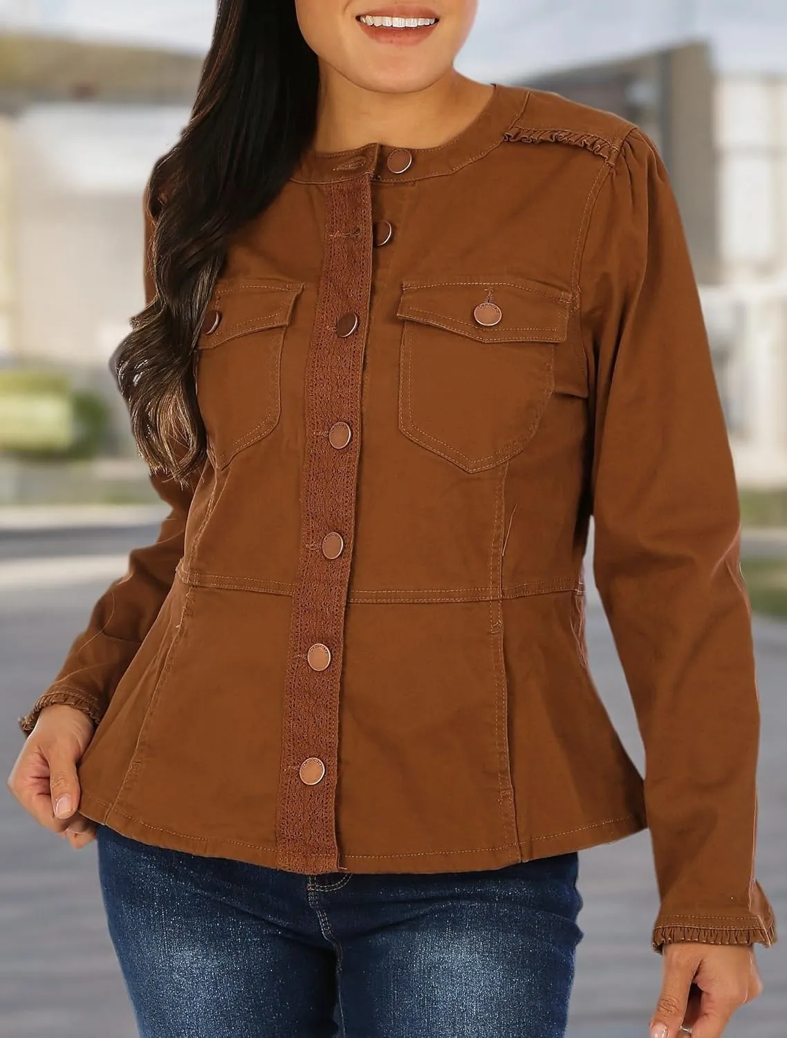 Democracy Women's Button Front Crochet Trim Jacket