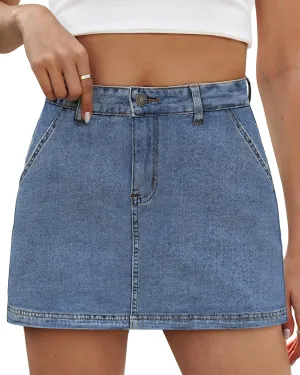 Denim Skort Skirts for Women Low Waisted Stretchy Mini Jean Skirt Casual Cute Going Out Skorts with Pockets Raw Hem