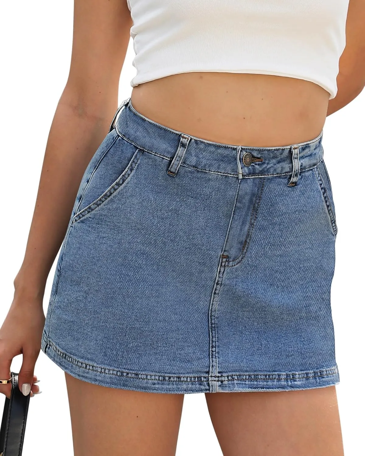 Denim Skort Skirts for Women Low Waisted Stretchy Mini Jean Skirt Casual Cute Going Out Skorts with Pockets Raw Hem