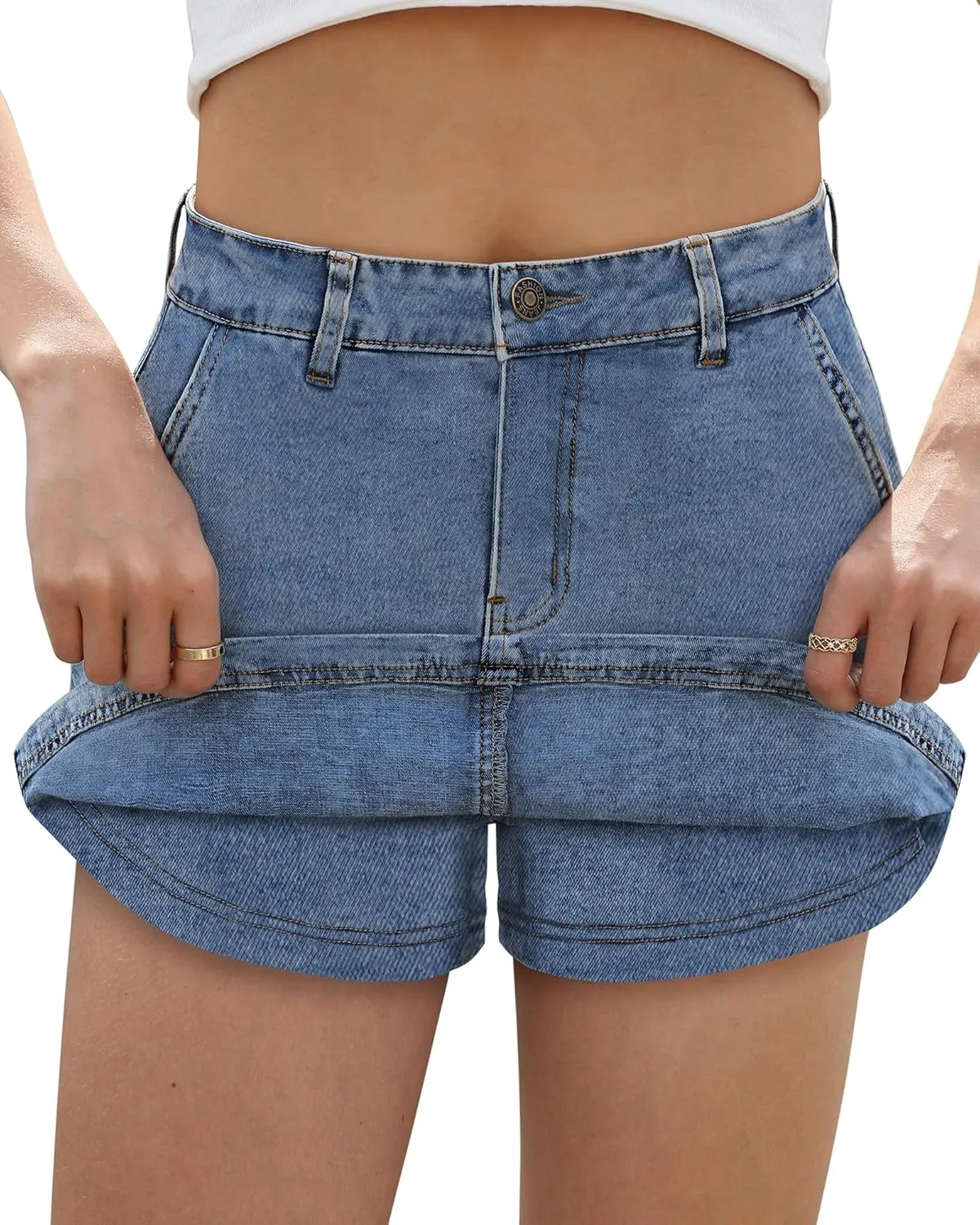 Denim Skort Skirts for Women Low Waisted Stretchy Mini Jean Skirt Casual Cute Going Out Skorts with Pockets Raw Hem
