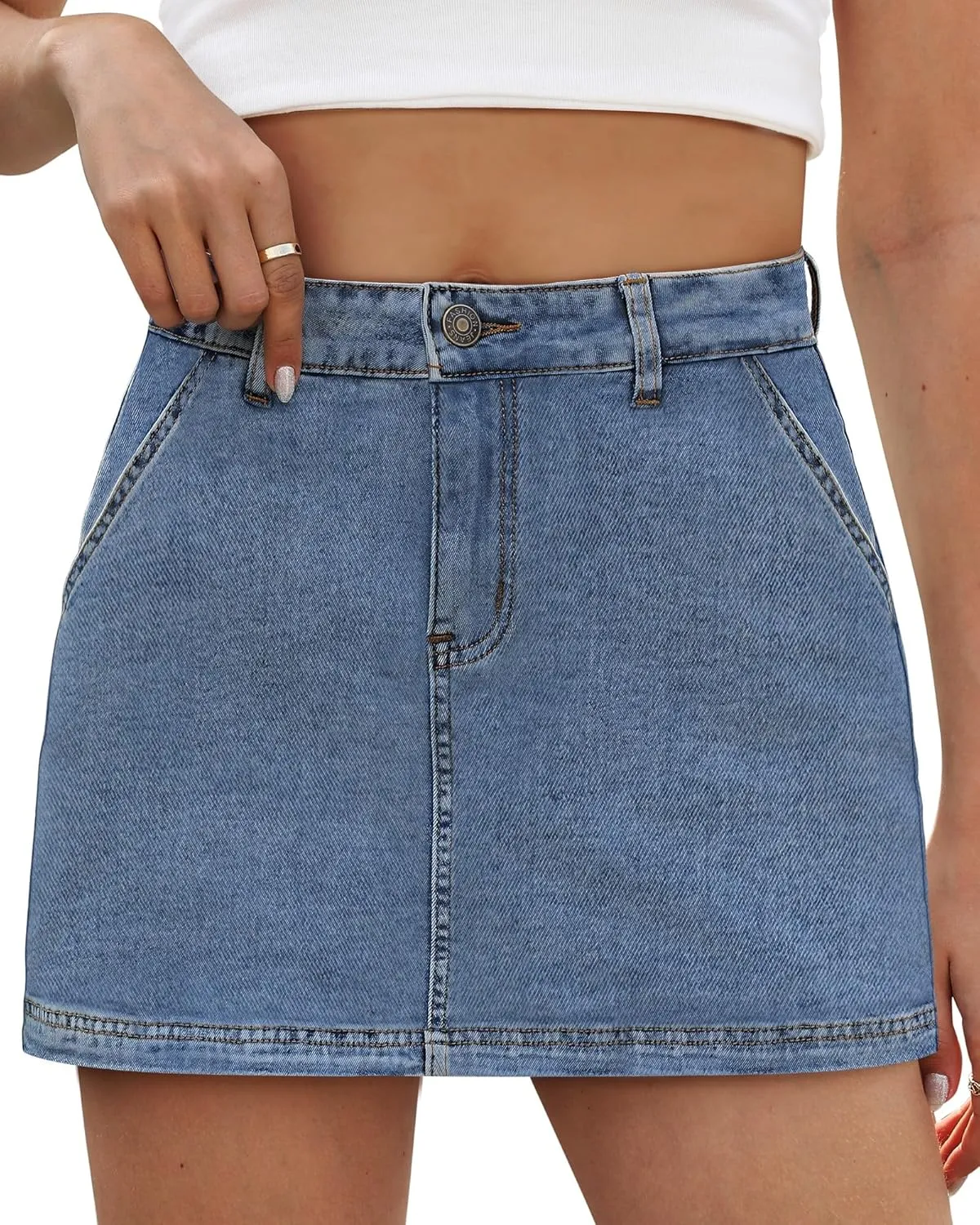 Denim Skort Skirts for Women Low Waisted Stretchy Mini Jean Skirt Casual Cute Going Out Skorts with Pockets Raw Hem