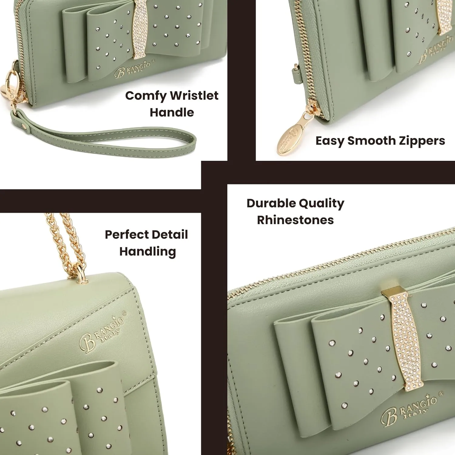 Designer Ribbon Romance Multi-Pocket Rhinestone Wallet Party and Wedding Evening Bling Wristlet for Women (Off White)