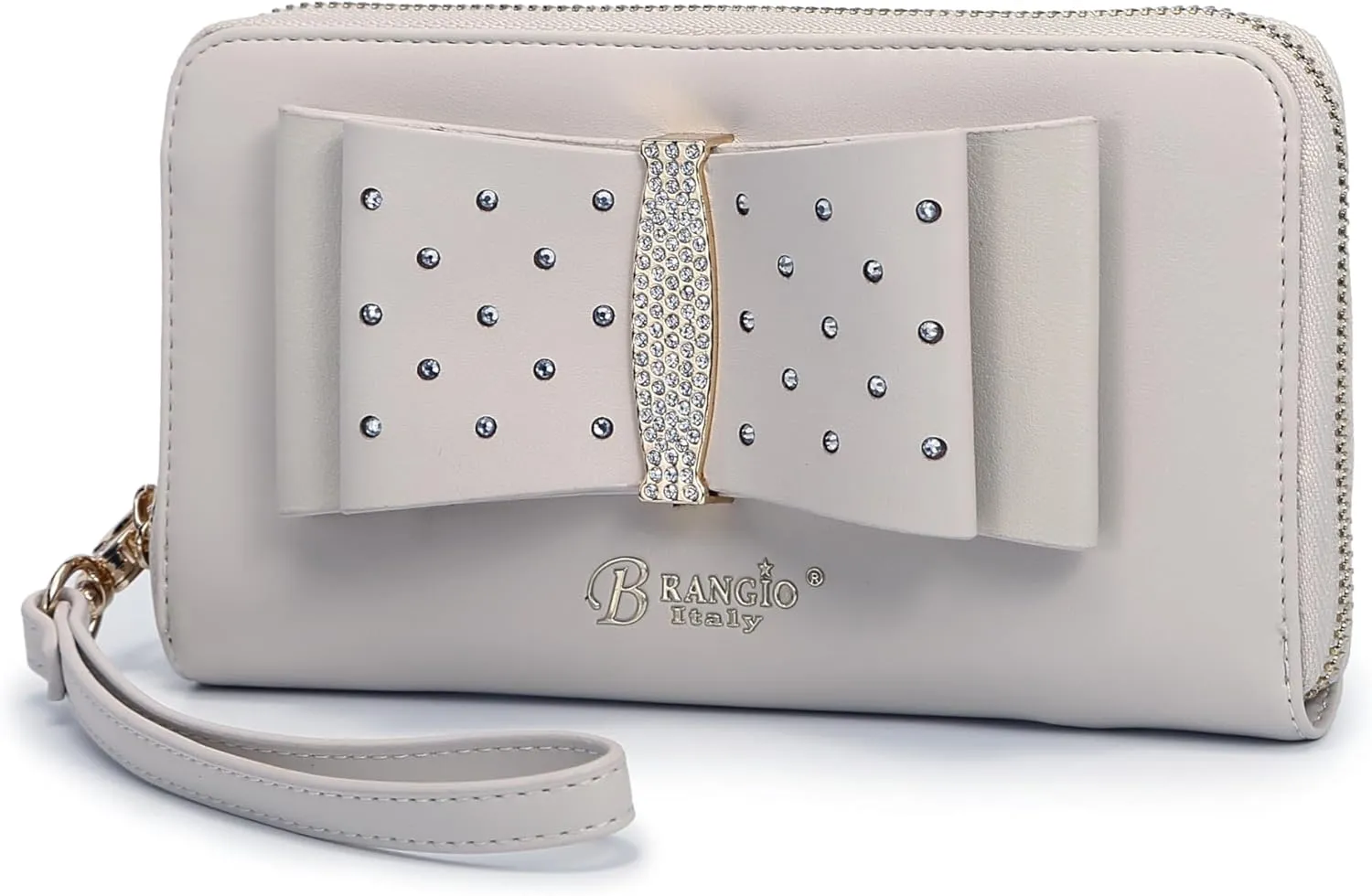 Designer Ribbon Romance Multi-Pocket Rhinestone Wallet Party and Wedding Evening Bling Wristlet for Women (Off White)