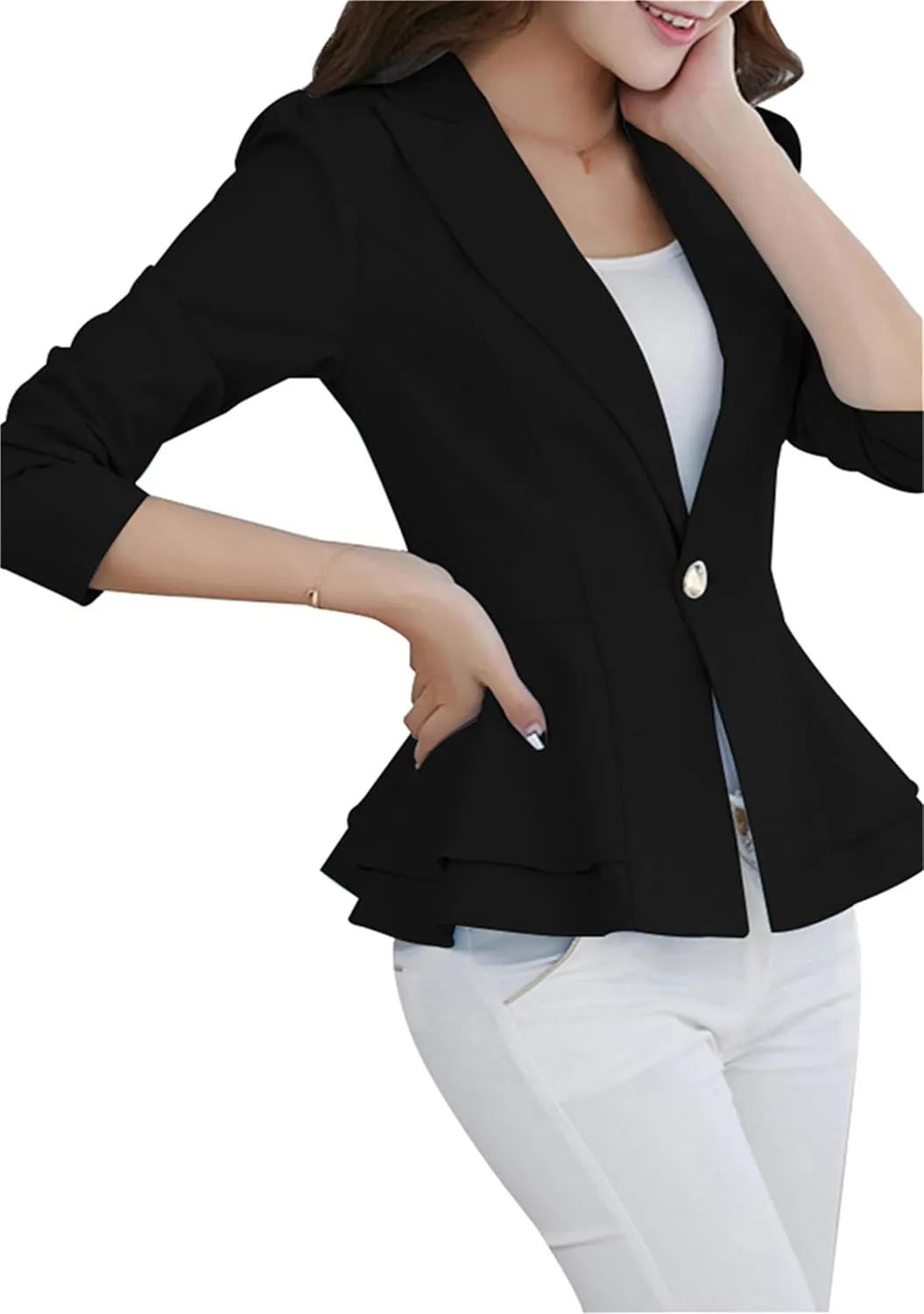 DIACACY Womens Button Down Open Front Blazer Long Sleeve Jacket Solid Color Plus Size Office Coat Blazer