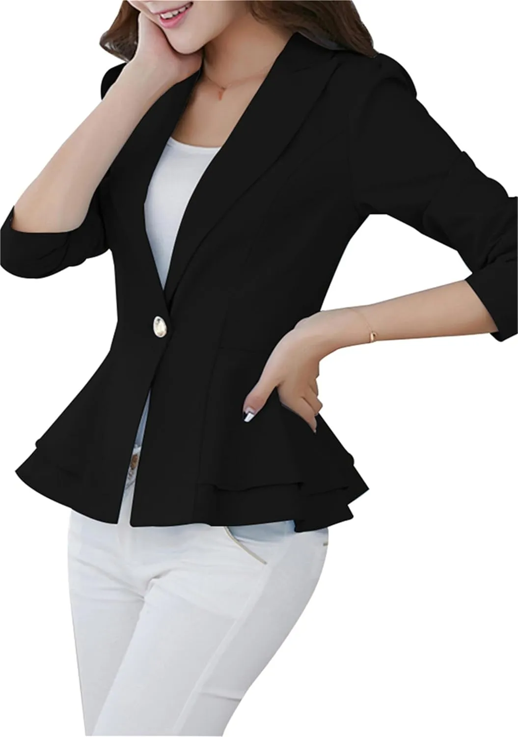 DIACACY Womens Button Down Open Front Blazer Long Sleeve Jacket Solid Color Plus Size Office Coat Blazer