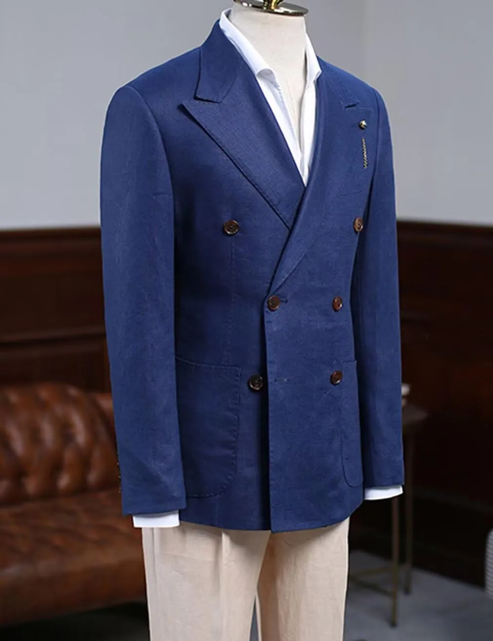 Double Breasted Peak Lapel Blazer Jacket for Men Linen Slim Fit Wedding Business Casual Sport Coats