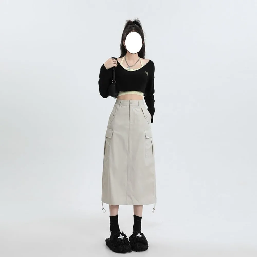 Drawstring Multi-Pocket Denim Cargo Skirt - Y2K Maxi Long Skirt for Women High Waisted Streetwear