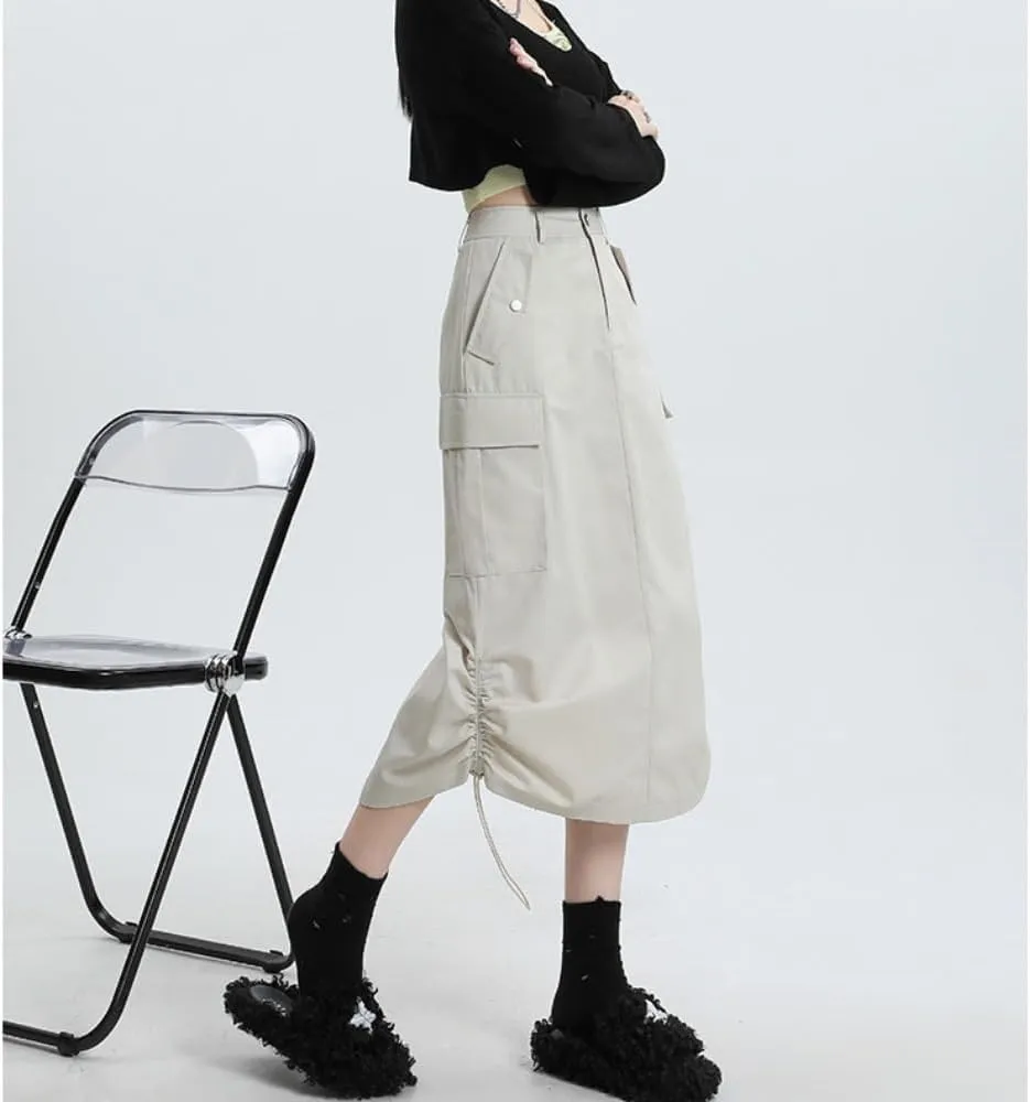 Drawstring Multi-Pocket Denim Cargo Skirt - Y2K Maxi Long Skirt for Women High Waisted Streetwear