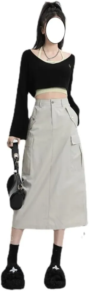 Drawstring Multi-Pocket Denim Cargo Skirt - Y2K Maxi Long Skirt for Women High Waisted Streetwear