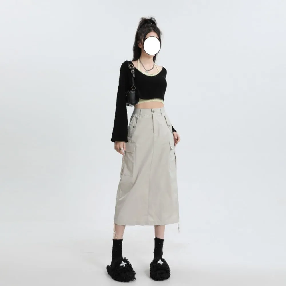 Drawstring Multi-Pocket Denim Cargo Skirt - Y2K Maxi Long Skirt for Women High Waisted Streetwear