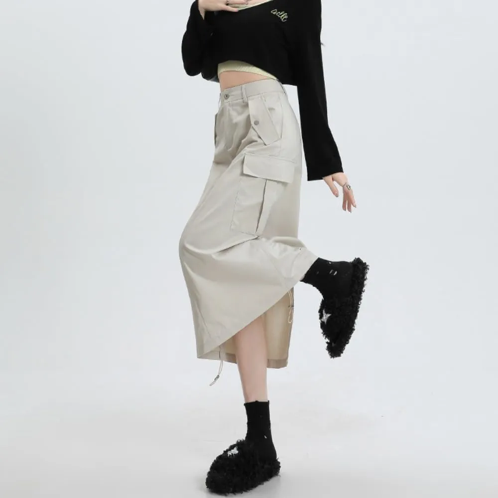Drawstring Multi-Pocket Denim Cargo Skirt - Y2K Maxi Long Skirt for Women High Waisted Streetwear