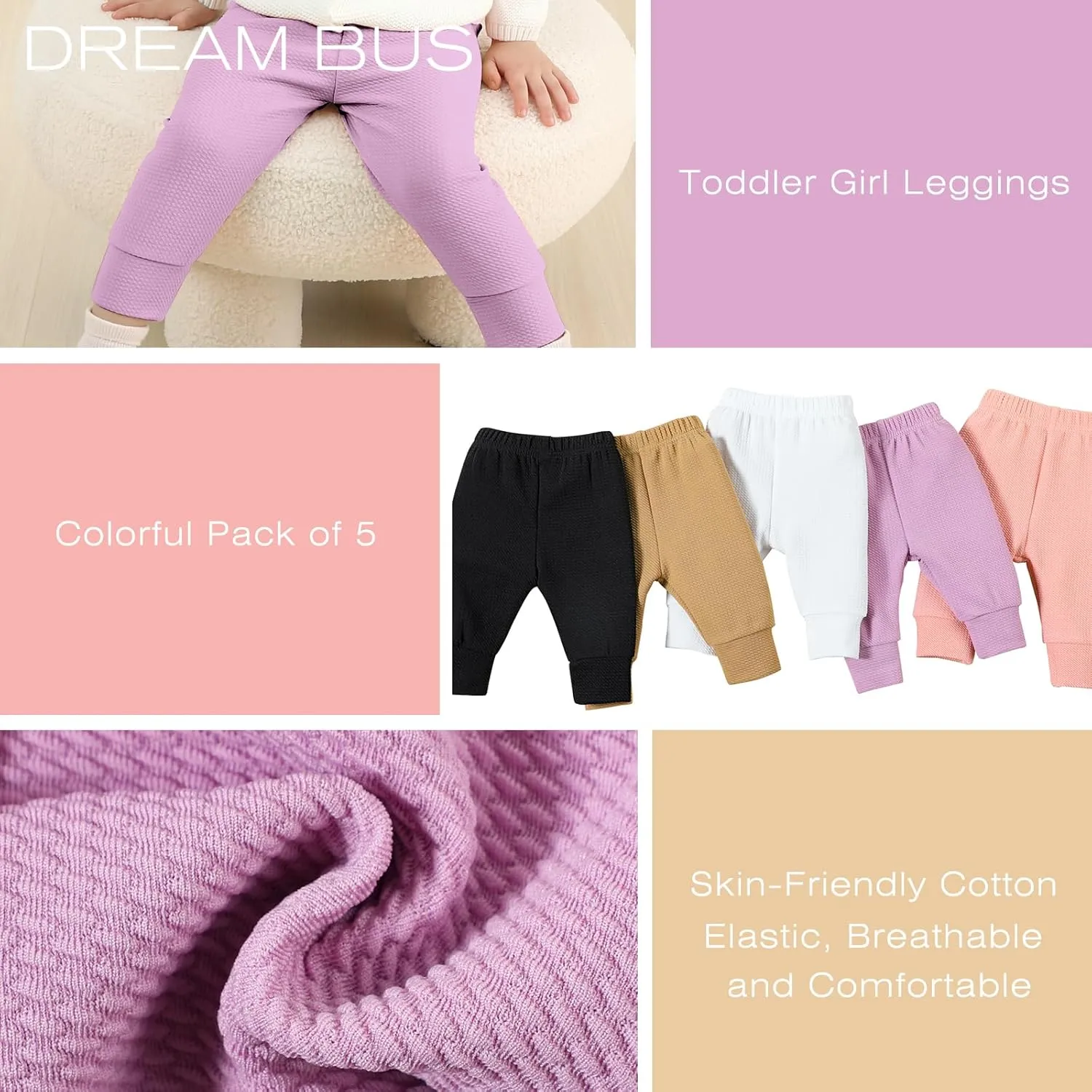 DREAM BUS 5 Pack Baby Girl Pants Toddler Girls Sweatpants Newborn Solid Jogger Pants Fall Baby Girl Waffles Leggings