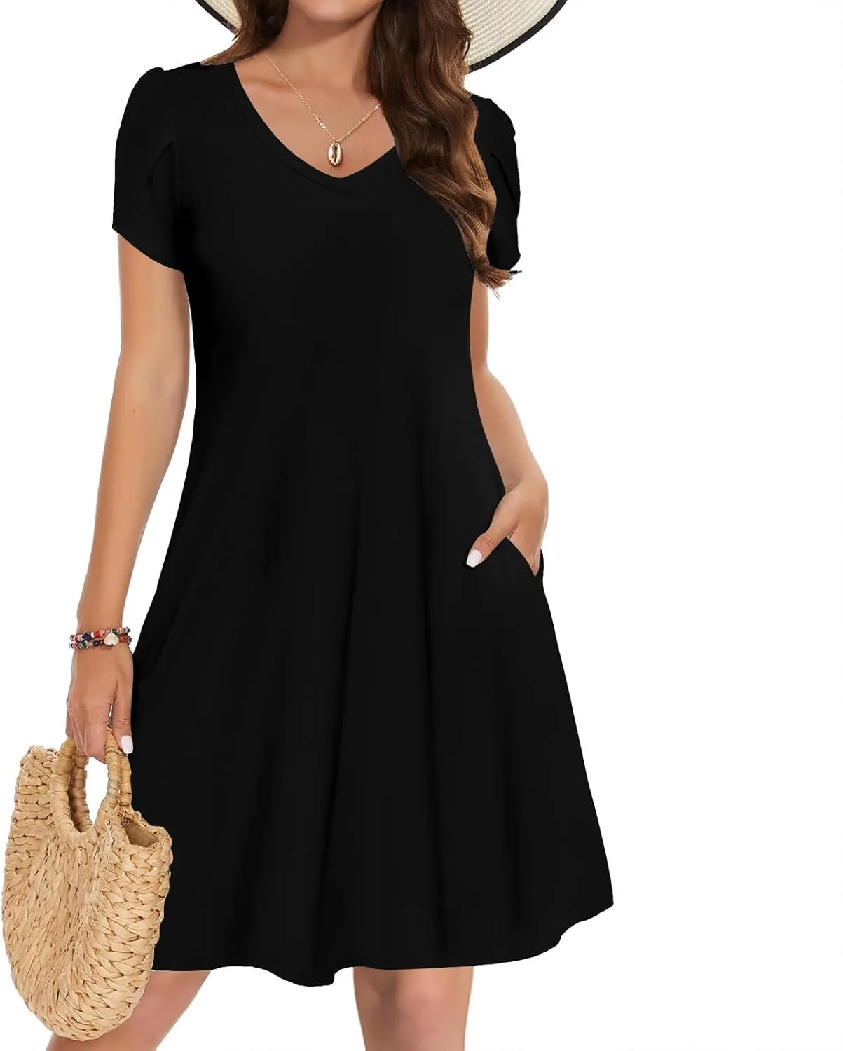 Dresses for Women 2025 Boho Vacation Beach Dress V Neck A Line Dress Loose Flowy Petal Sleeve Midi Dress with Pockets