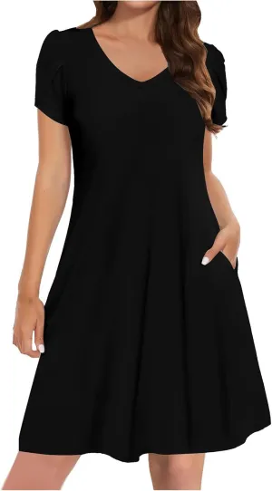 Dresses for Women 2025 Boho Vacation Beach Dress V Neck A Line Dress Loose Flowy Petal Sleeve Midi Dress with Pockets